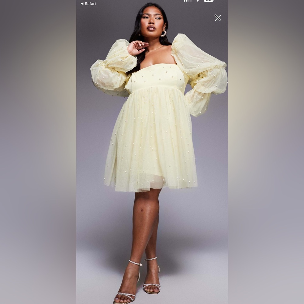 ASOS LUXE Curve tulle baby doll dress with pearl embellishment in buttermilk